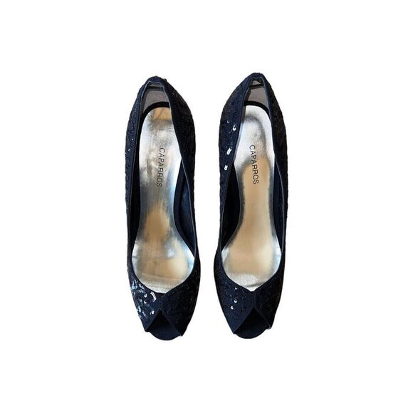 Caparros Nature Black Beaded Peau Peep Toe Heel Size Womens Size 10 GREAT CONDIT - Picture 3 of 13
